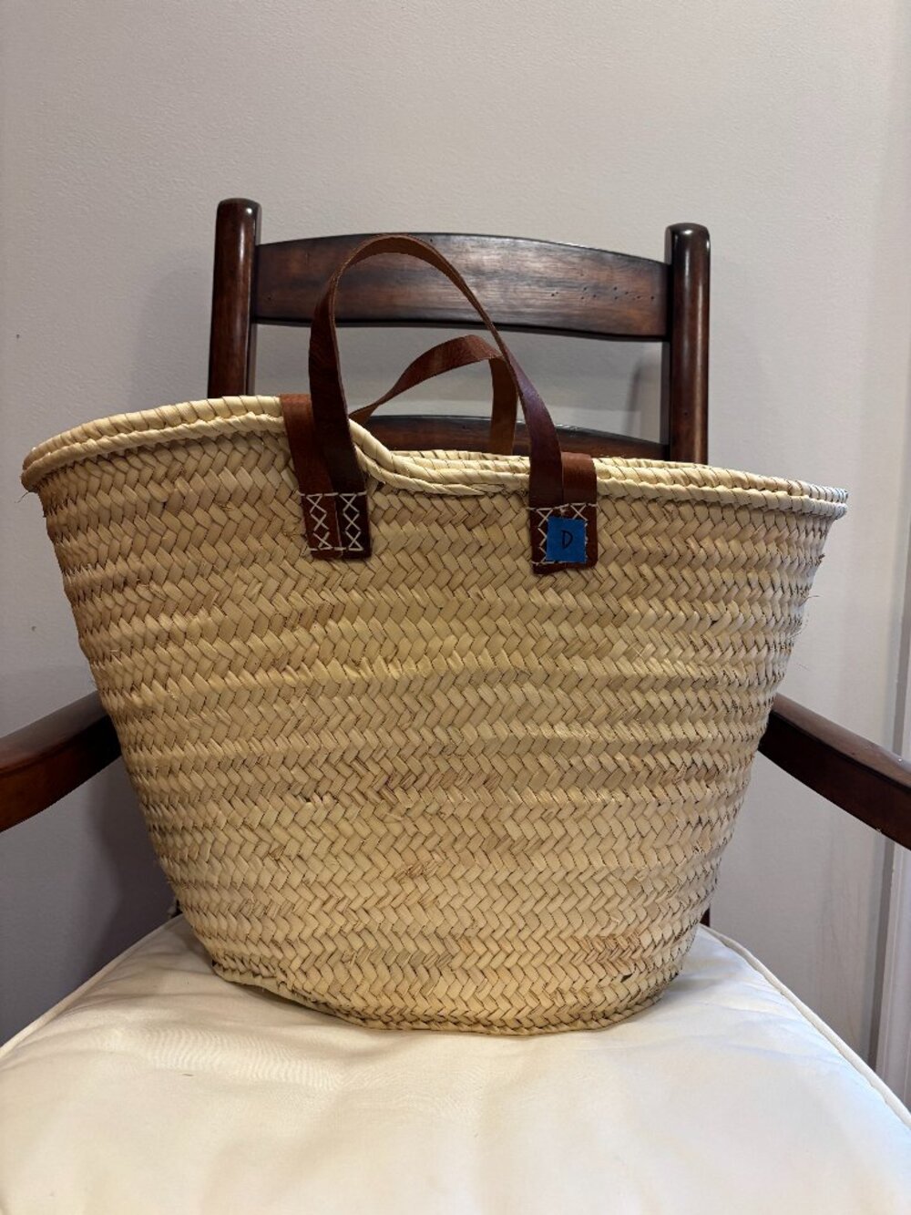 Irregular Woven Straw Tote Bag with Brown Leather Handles "D"